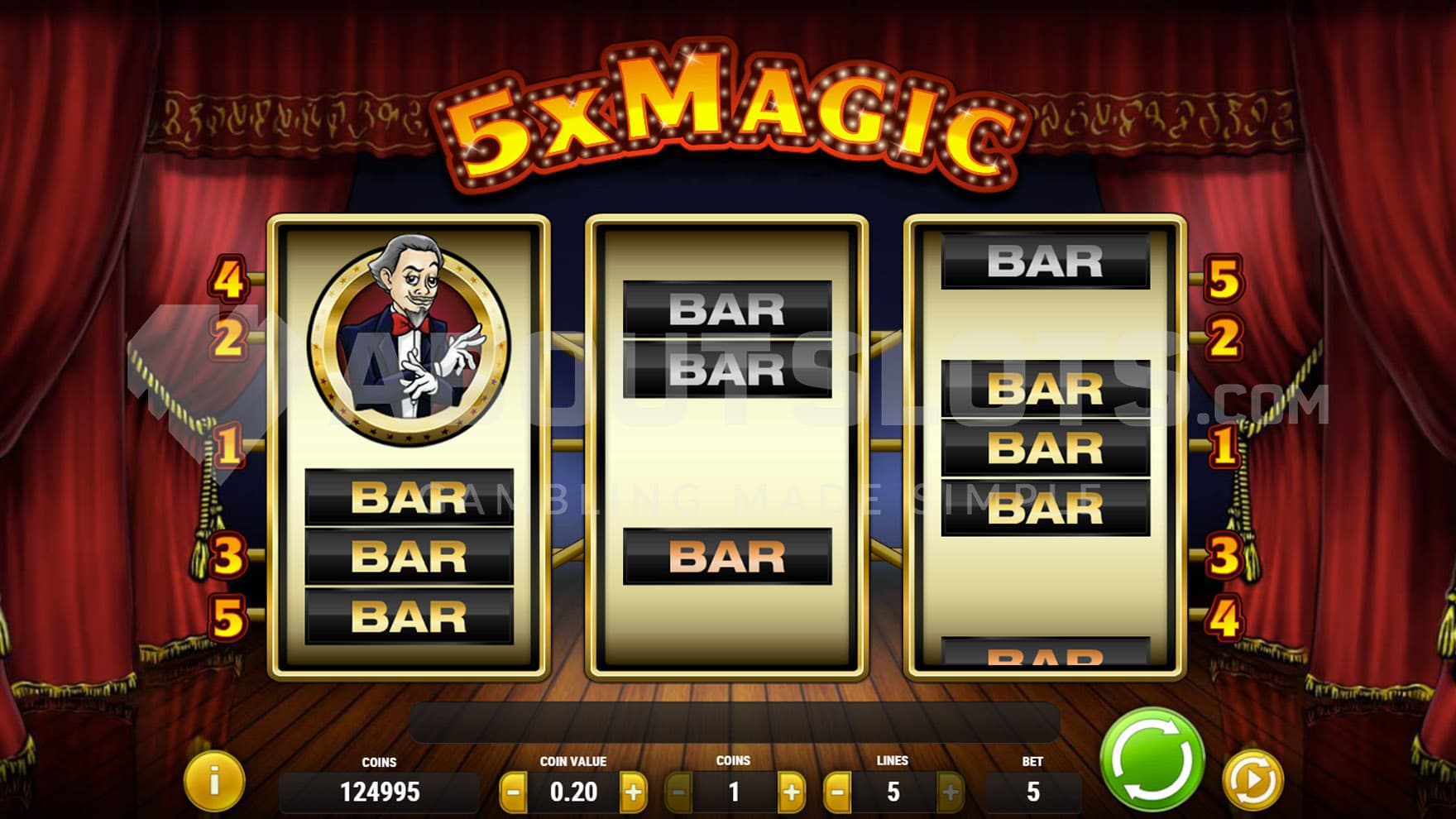 Base Game view of a 3-reel grid on a backdrop of a performance stage with red curtains on the sides.