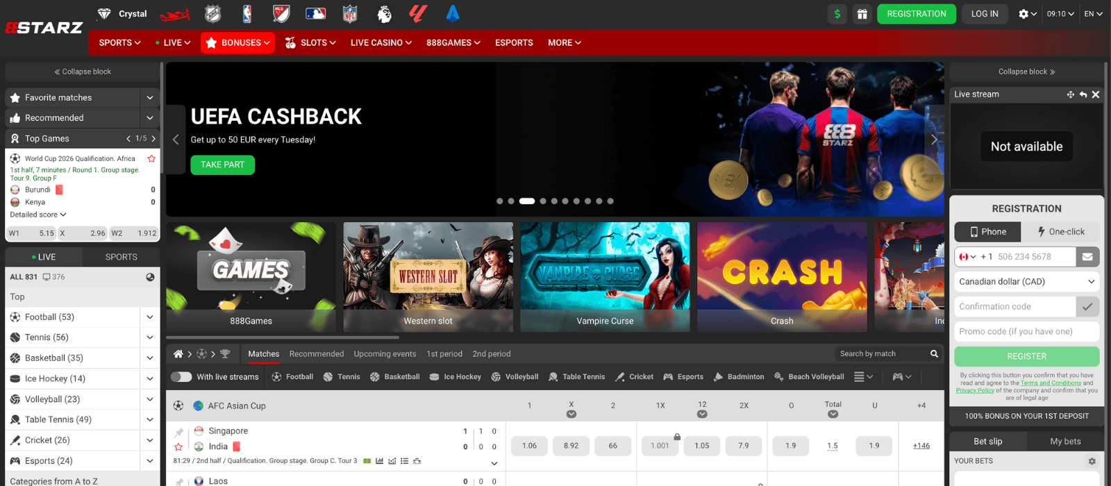 Casino games section on 888Starz featuring game thumbnails and filters