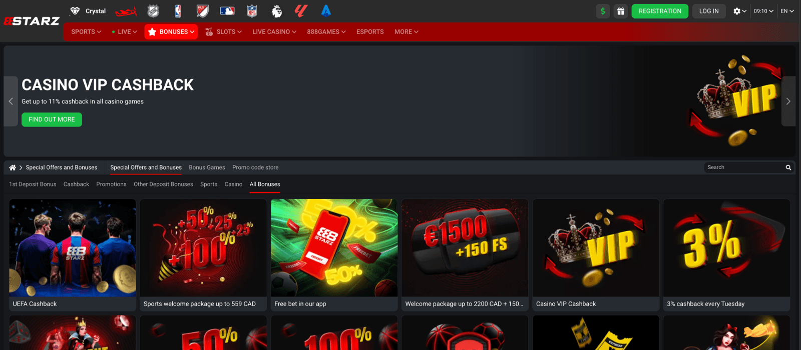 Casino bonus section on 888Starz with deposit offers and free spins