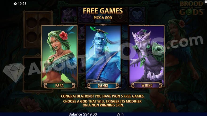 A menu where the player gets to pick one of the three gods Papa, Rangi, or Whiro to play with during the free spins.
