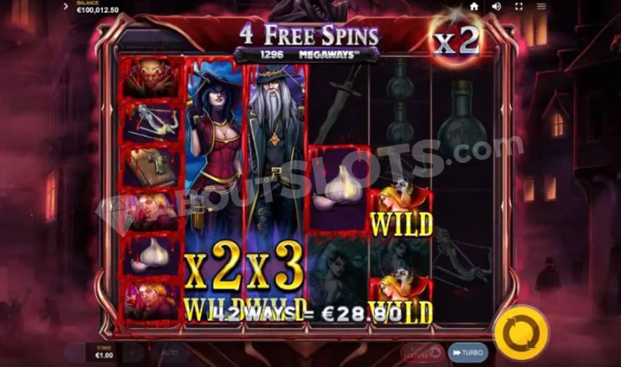 A win in the free spins with blood around the winning symbols.
