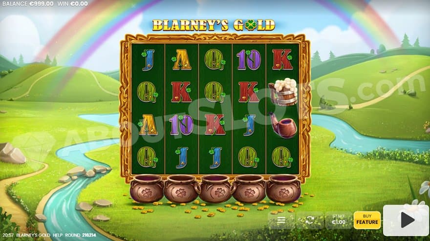 Five casino slot reels in a green landscape.