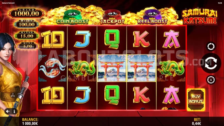 Base game with various Jackpots on the left side of the reels.
