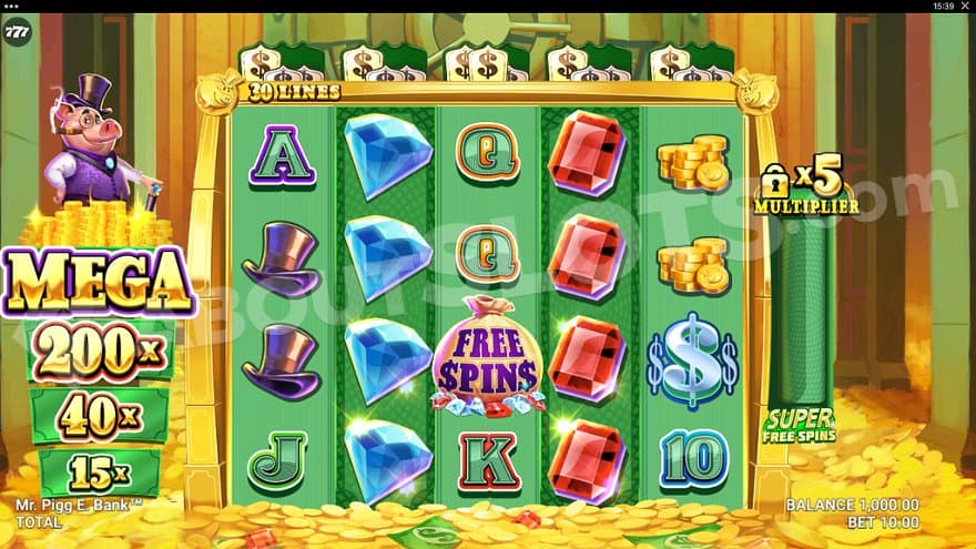 A casino slot with gold coins and dollar bills.  