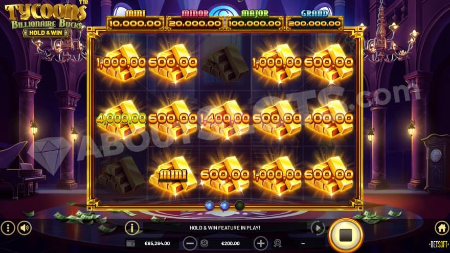 Gold bar symbols on 13 of 15 positions in the Hold & Win feature.