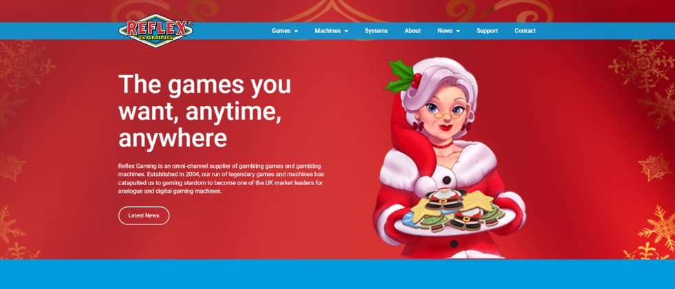 An image of Reflex Gaming's homepage with the message "the games you want, anytime, anywhere".