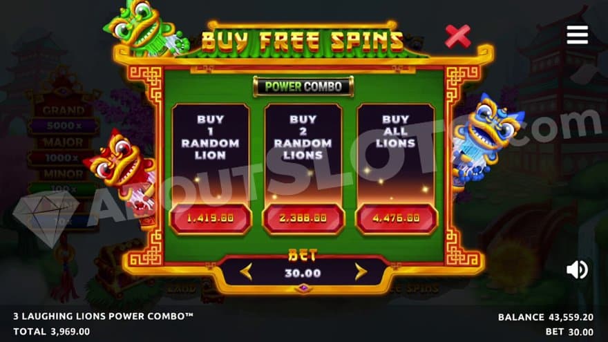 A menu where the player can buy three versions of the free spins.