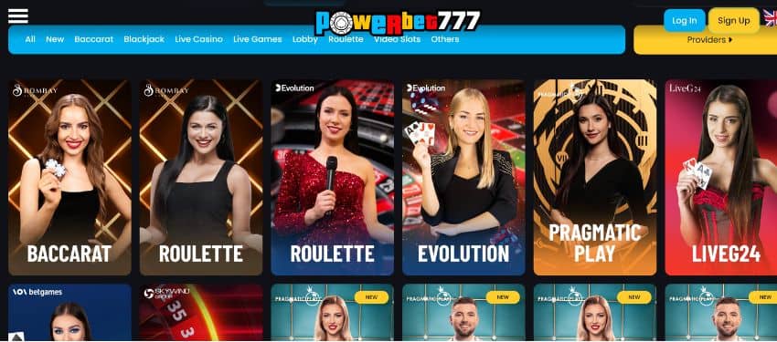 Powerbet777 casino live dealer page showing thumbnails of some of the games