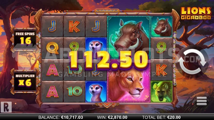 Free Spins bonus game with a current 6X win multiplier on the left.