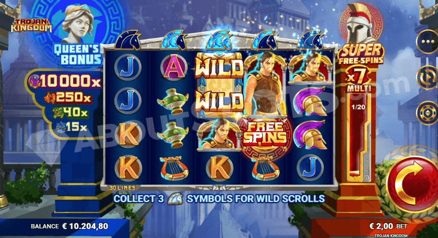 Grid of Trojan Kingdom slot with spinning reels and an ancient Greek background.