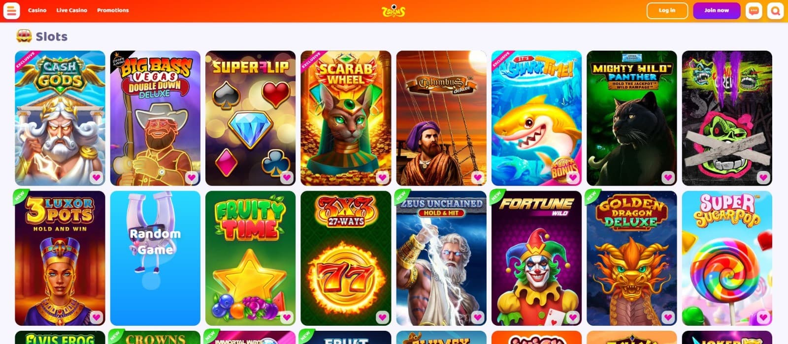 The games page of 7Signs Casino displays the slots, such as Cash of Gods, Scarab Wheel, and more.