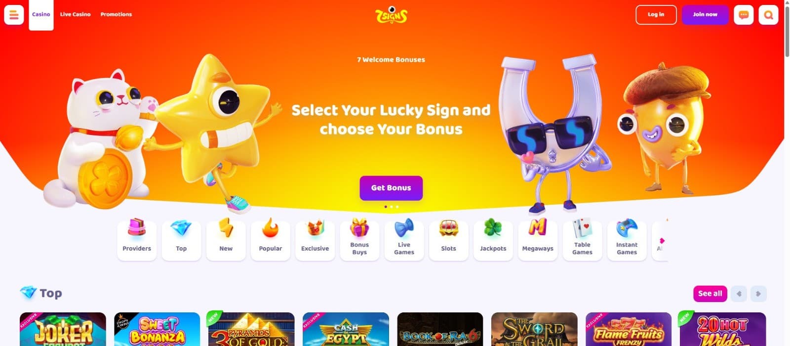 The landing page of 7Signs Casino presents the 7 welcome bonuses and games.