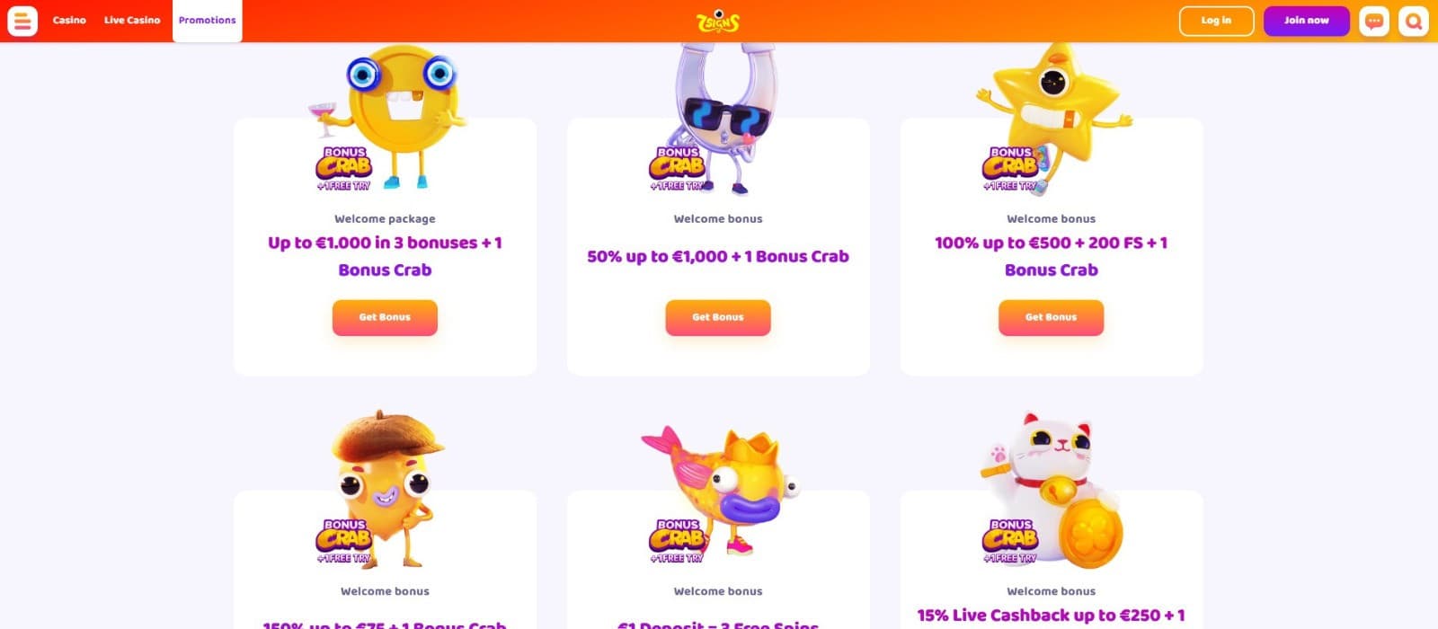 The promotions page of 7Signs Casino shows the 7 welcome bonuses offered by the casino.