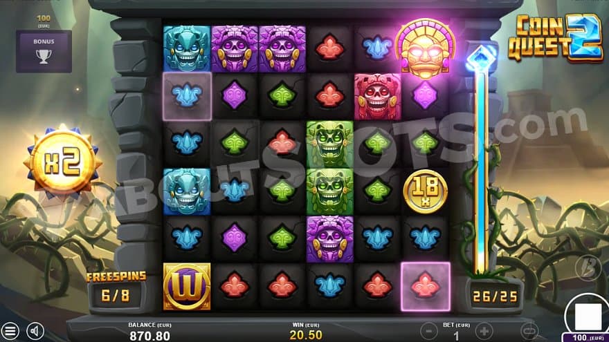 Spin six of eight with a 2X multiplier to the left side of the reels.