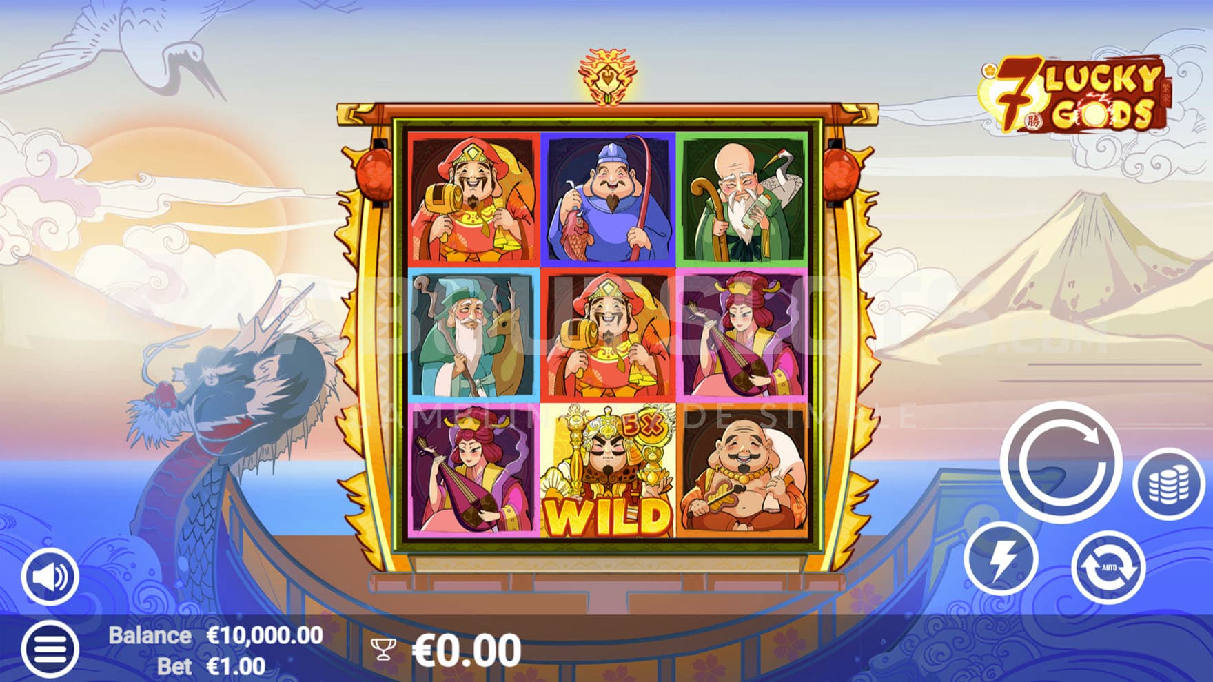 Base Game view of a 3x3 grid on a backdrop depicting a natural landscape with a volcano on the right and a Chinese ship in the middle.