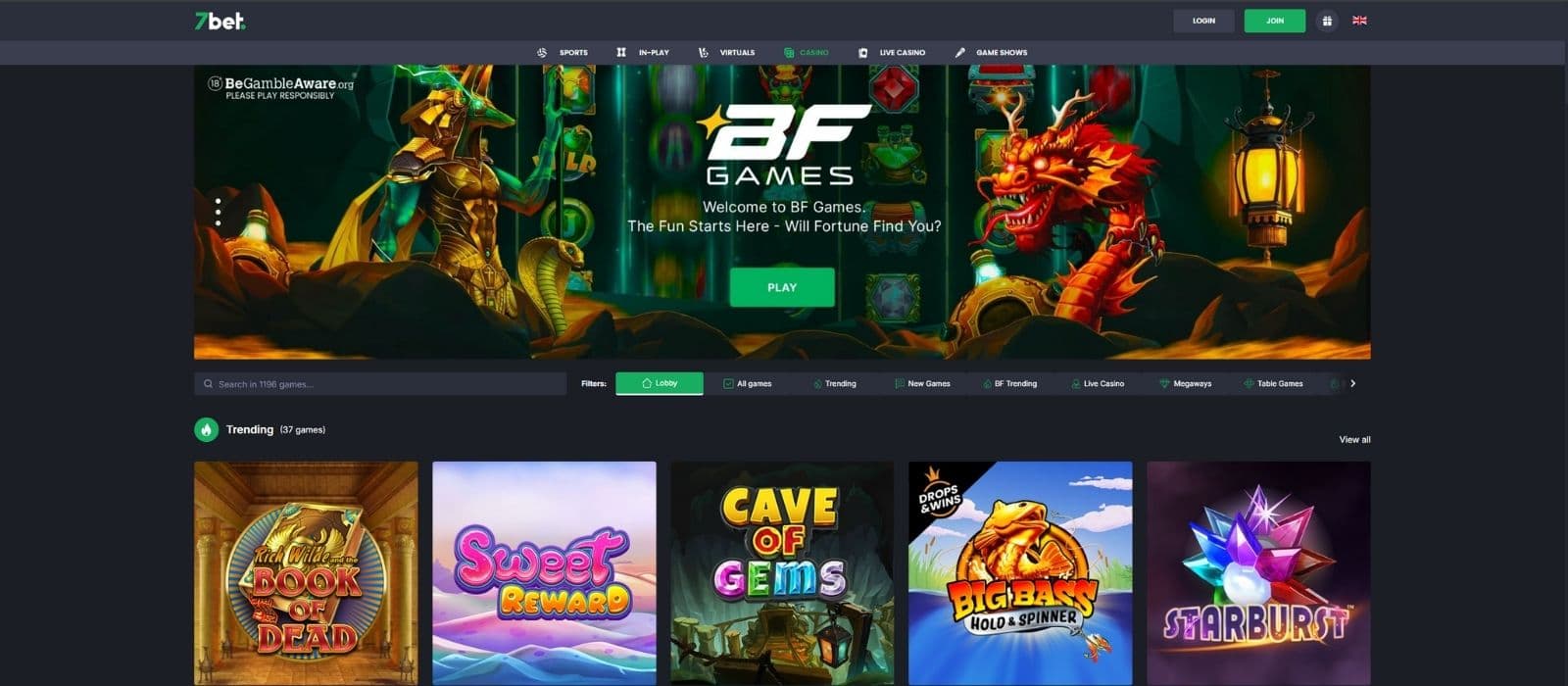7Bet Casino games page showing a selection of the most popular casino games. 