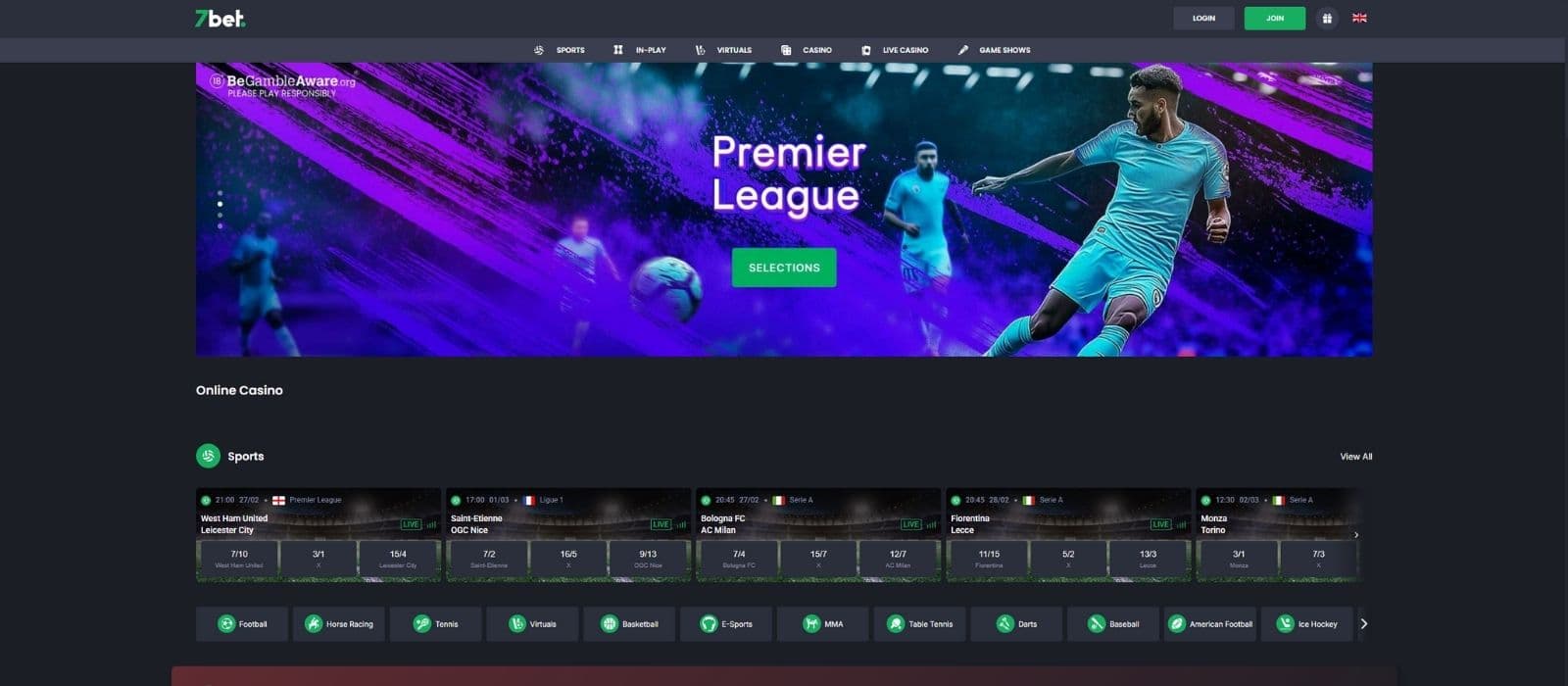 7Bet Casino landing page showing a banner, some live stats and different game categories on top.