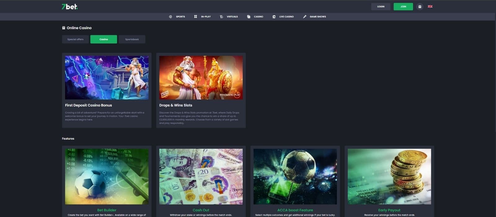 7Bet Casino promotions page showing the available bonus offers for casino and sports betting.