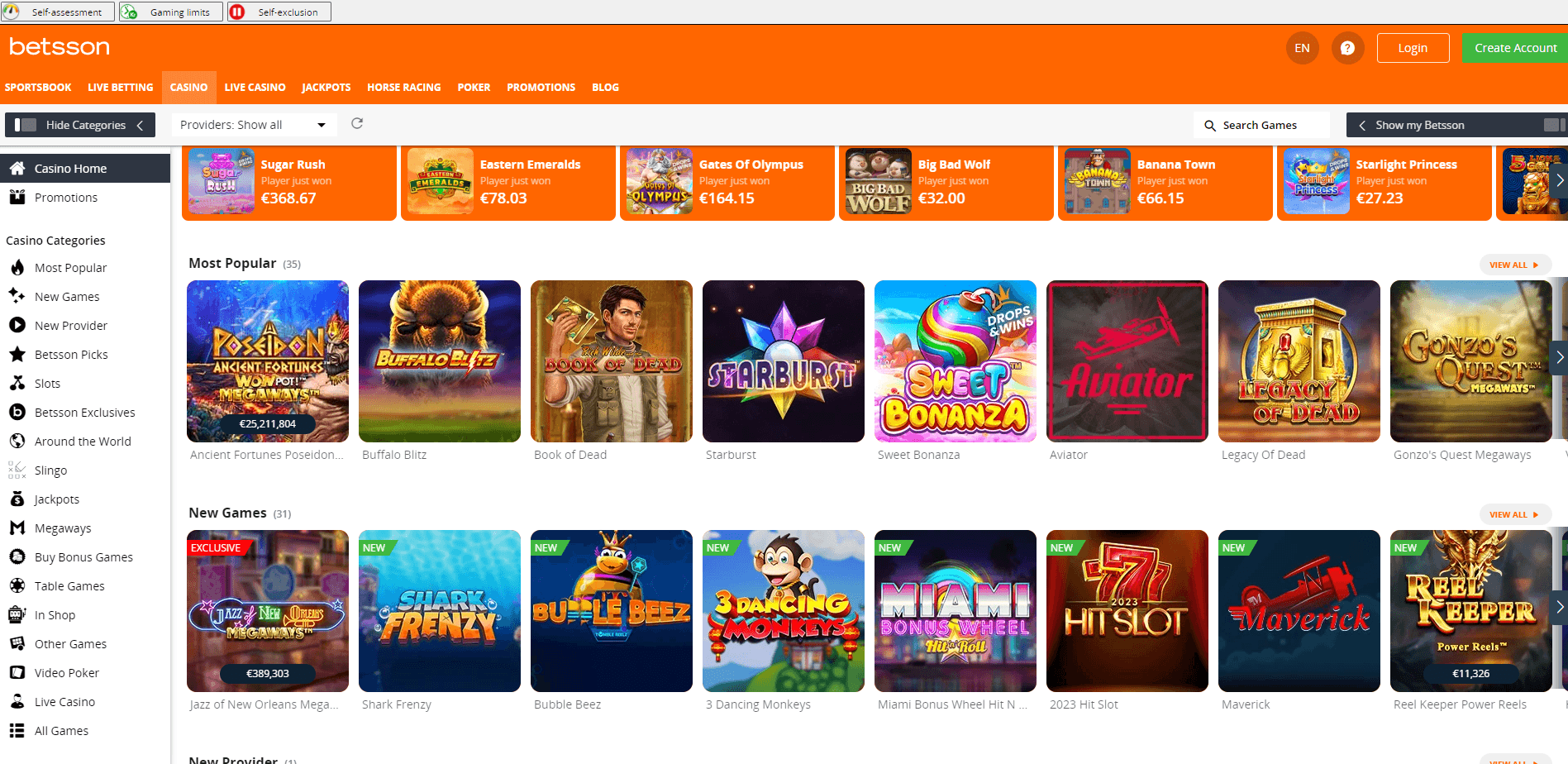 A screenshot from Betsson's casino site, showcasing some of the games you can play