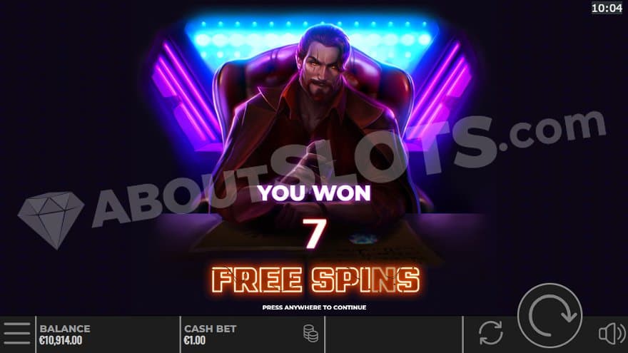 A villain sitting in a red letter chair. Beneath is a text saying "You won 7 free spins."
