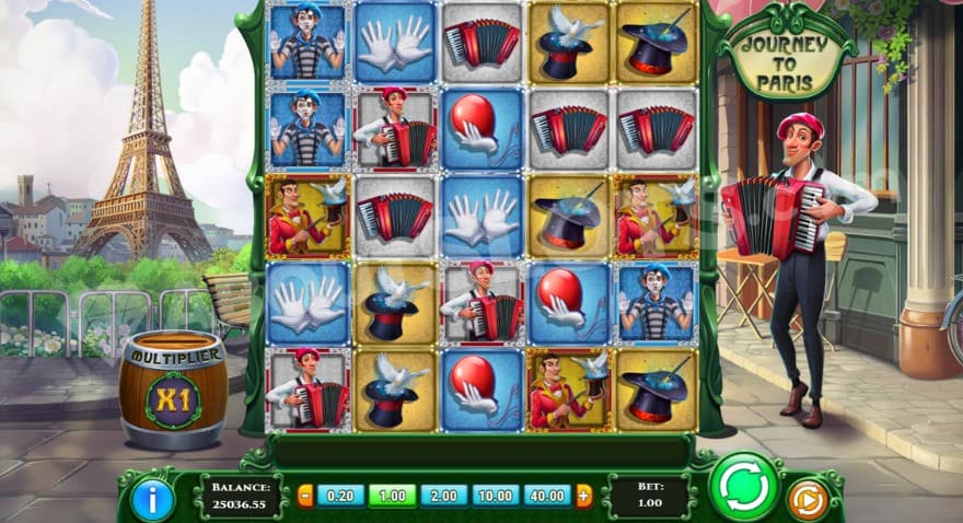 Base game with the Eiffel tower on the left side of the reels.