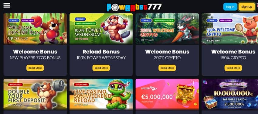 Powerbet777 casino promotions page showing thumbnail with animated designs and information about some other offers
