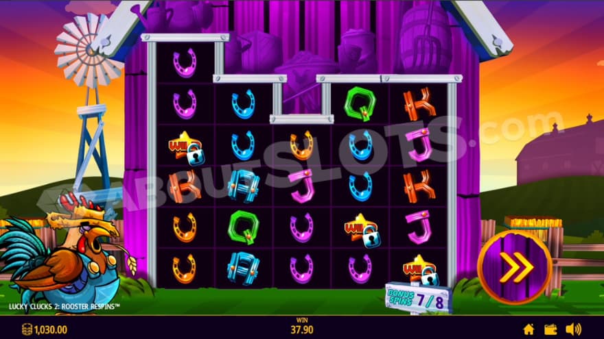 Rooster Respins Bonus feature with a big rooster sleeping to the left.
