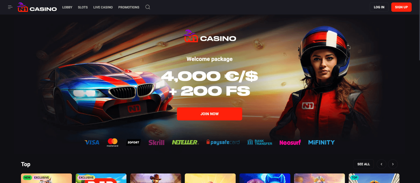 N1 Casino home page with enticing welcome bonus