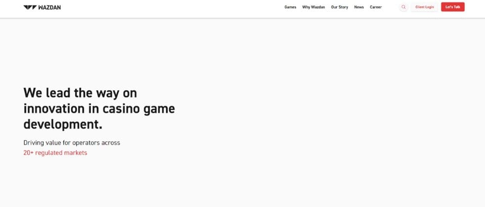 An image of Wazdan's homepage, stating that they lead the way on innovation in casino game development