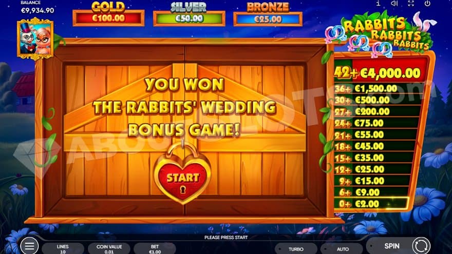 A wooden door with the text "You won the rabbits' wedding bonus game!."