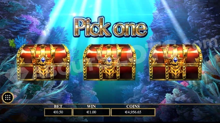 Three closed red chests and a text saying "pick one."