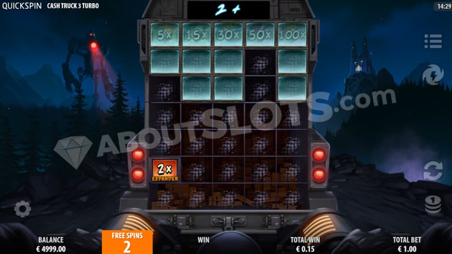 Truck Raider Bonus game with a 2X Expander symbol on the first reel.