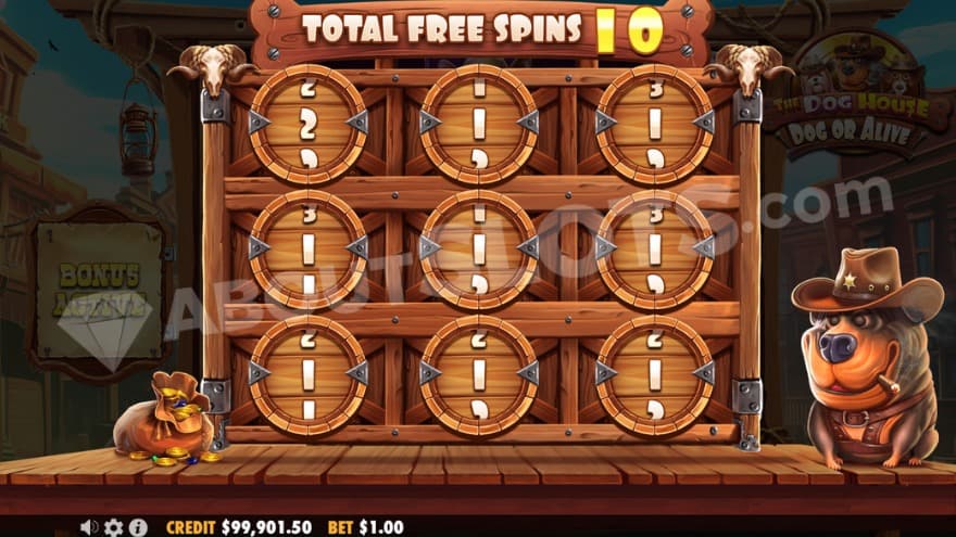 Free Spins reveal feature with a cigar smoking dog to the right.