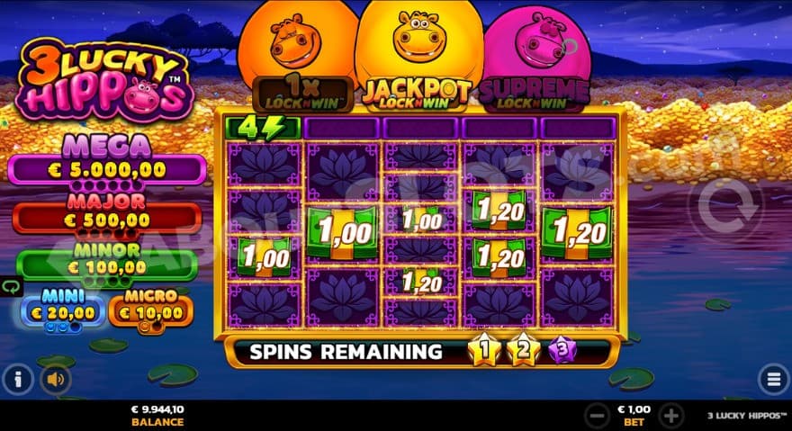 Lock N Win slot jackpot feature with piles of gold in the background.
