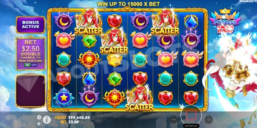 An image of 4 scatters landing in Starlight Princess 1000