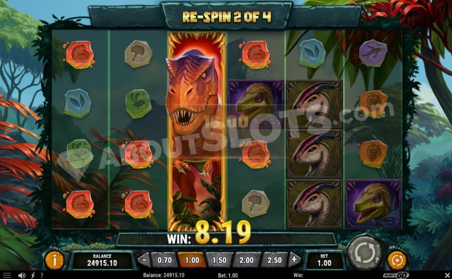 Respins feature with the Rex symbol on reel 3.