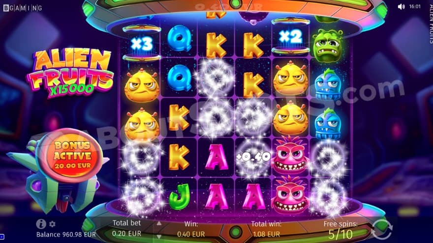 An image of the Free Spins view, where a total of 5x multiplier has landed
