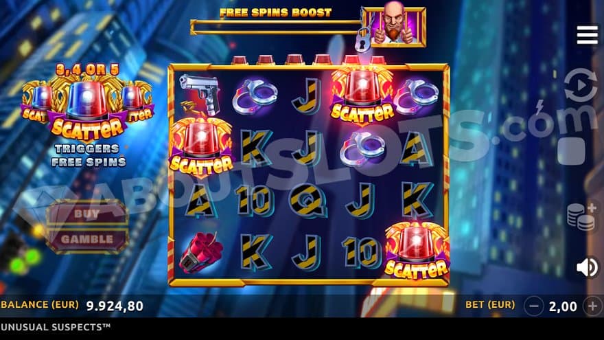 Three Scatter Symbols on reels 1, 4, and 5 trigger the Free Spins.