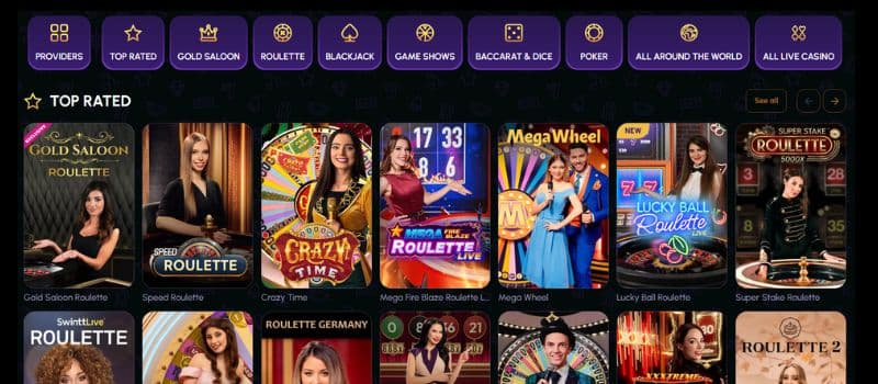 The lobby for NovaJackpot's live casino.