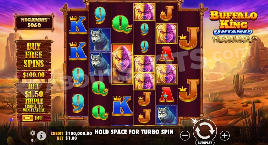 Base game with six buffalo symbols on the reels.