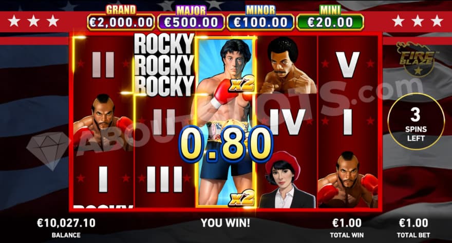 Free Games feature with a fully expanded Rocky symbol on the middle reel.