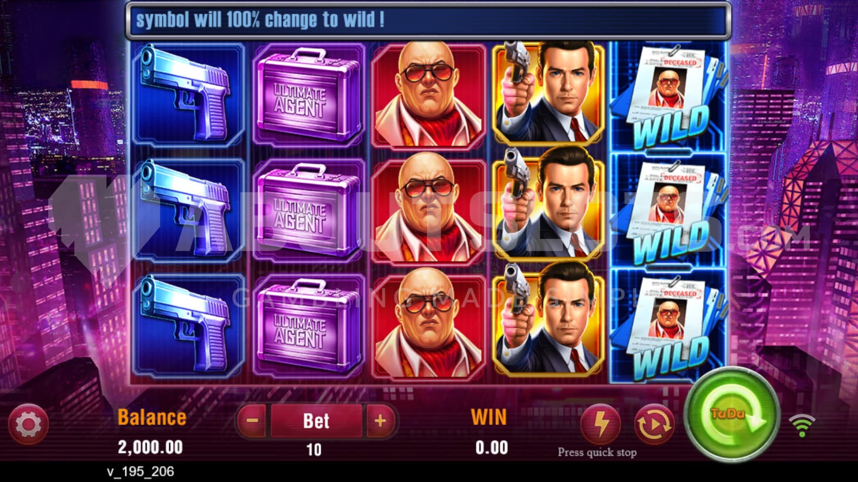 The playing grid filled with high-paying symbols and a backdrop of the city