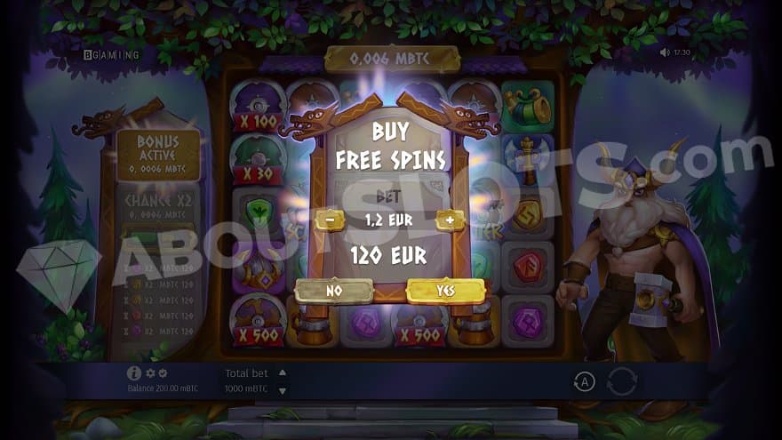 A menu offering the free spins for 100X the bet.