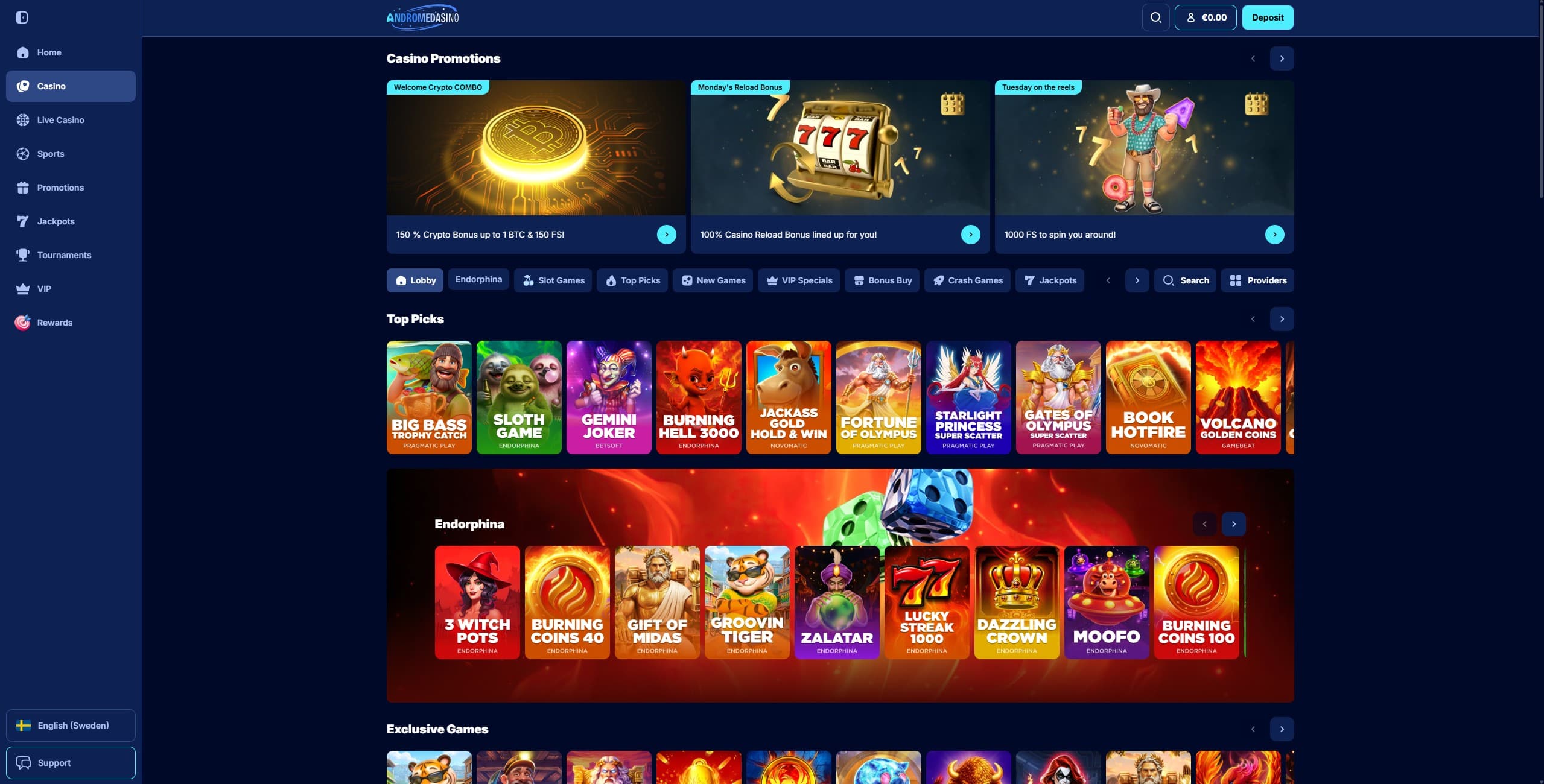 Andromedasino Games Page showing a selection of slots and casino promotions