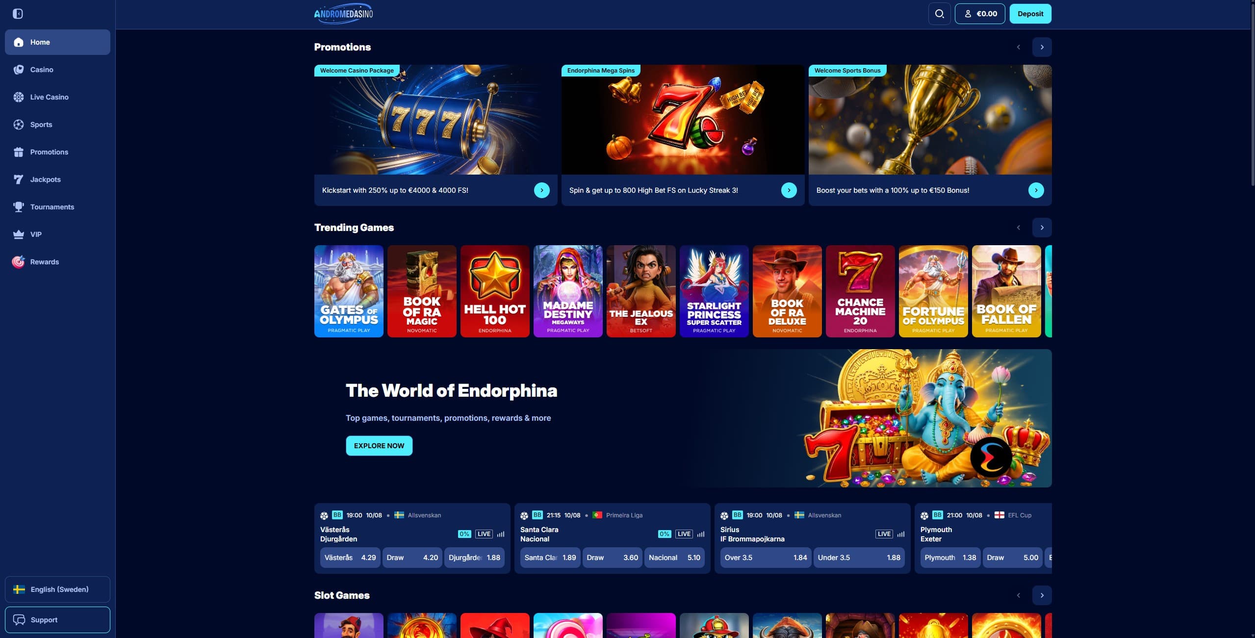 Andromedasino Landing Page showing the latest winners, a selection slots and promotions