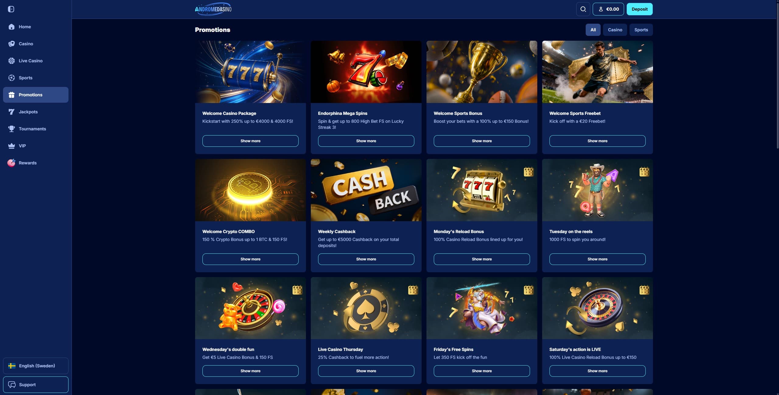 Andromedasino Promotions Page showing the available bonuses and promotions