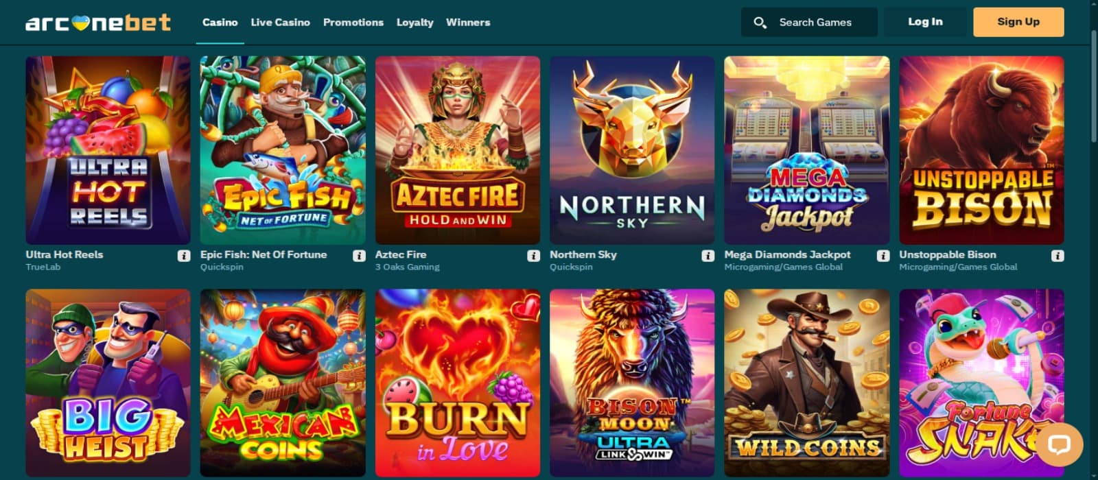 ArcaneBet Casino games page with the slot game icons and top navigation menus