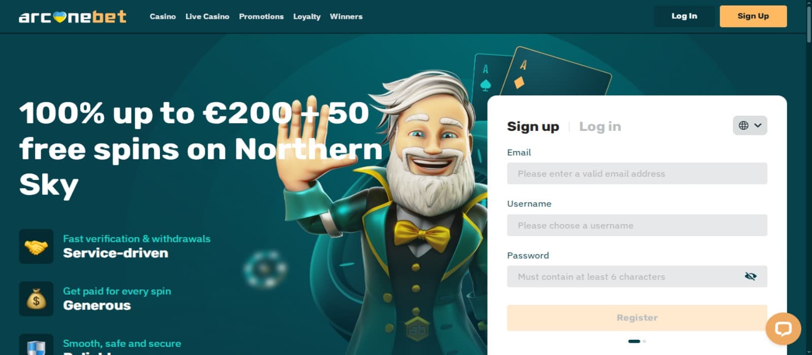 ArcaneBet Casino landing page with the welcome bonus offer banner, sign up option and top navigation menus