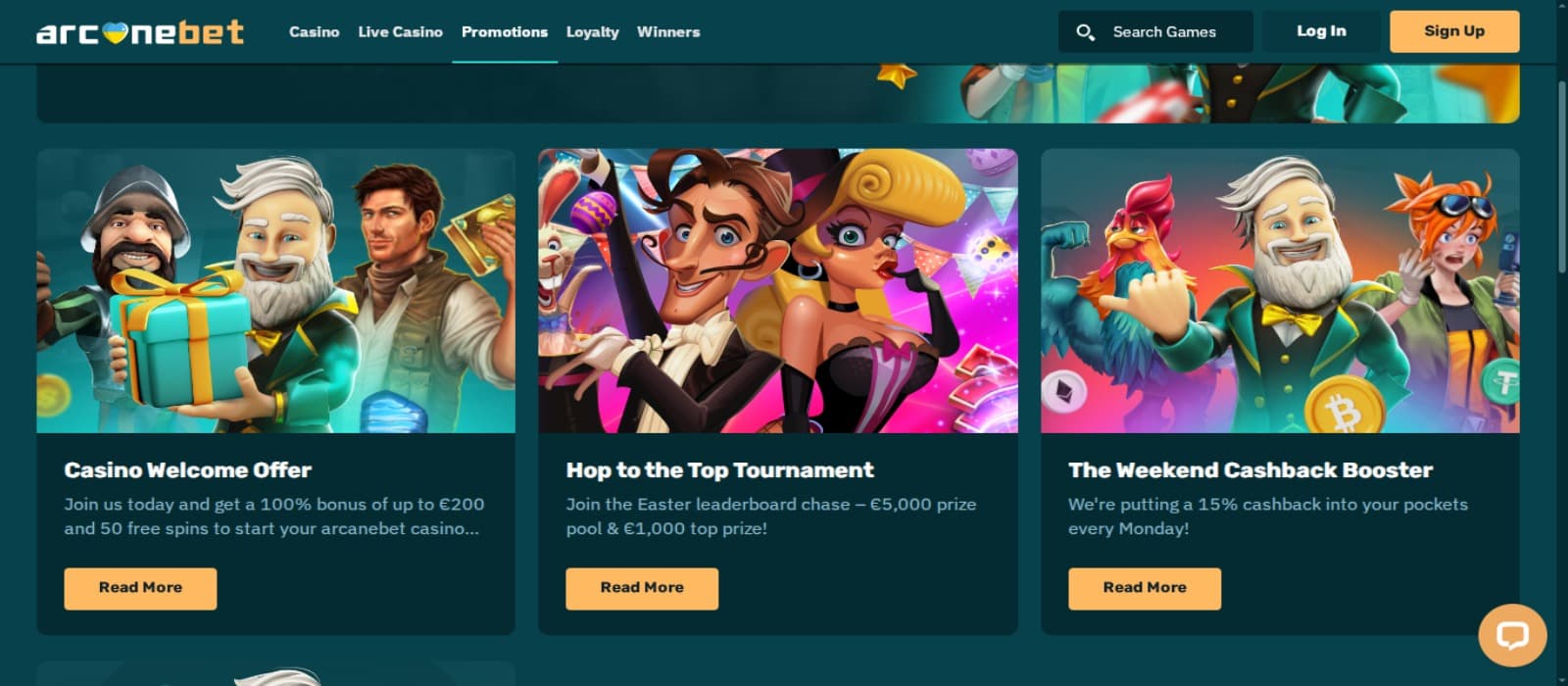 ArcaneBet Casino promotions page with the welcome bonus offer banner, tournament banner and weekend cashback banner and top navigation menus