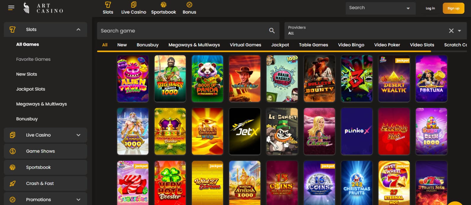 Art Casino slots library showing a wide selection of slot games with category filters and search options